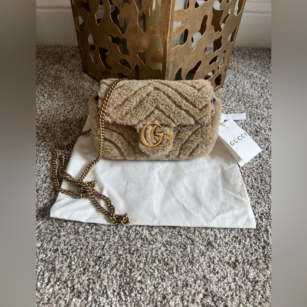 Gucci GG 2.0 Mini Marmot Leather Trimmed Tan Shearling with Gold Chain Bag